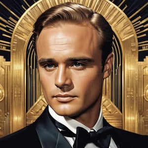 masterpiece,high definition,ultra realistic,portrait,((((art deco)))),one photorealistic handsome masculine (hairy) man,Realism,(((slick hair combed back))),(((man look like marlon brando))),(((man is wearing a black tuxedo))),hairy,face,illustration,handsome,gold,egypt,hiroglyph,one eyebrow raised up high,younger