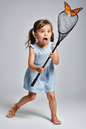 masterpiece,photorealistic,one cute  6 year old girl,full body,younger,simple background,girl is trying to catch a butterfly with a net and look very confused,tounge in side of mouth,