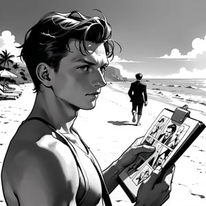 , (((ink drawing))), (((monochrome))),(((cartoon style))), high quality, 4k,masterpiece, (((in the style of alex raymond drawing ))),(((drawing comics style))),
(((high contrast))), (((line drawing))),one man on a beach, the man look like tom holland,