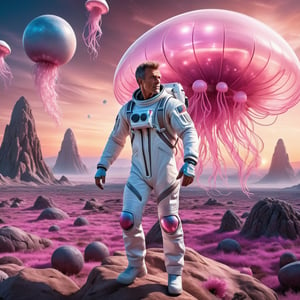 masterpiece,photorealistic,high quality,One mature muscular hairy man in a denim overall. Man is climbing in a alien landscape. Man is wearing a white futuristic spacesuit, sunset,dramatic lighting, two moons,younger,(((many small pink alien creatures that look like glowing jellyfish are flying in the background))),