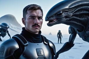 In a breathtaking photorealistic sci-fi image, a dashing young Russian man (((full body))), clad in an exquisite black star wars 1815-era army uniform, stands resolute outside amidst an alien landscape, his piercing gaze fixed intently on the horizon ((looks at something)). Frostbite has set in, with delicate ice crystals forming on his eyelashes and nose. The old army helmet sits atop his crew-cut hair, adding to his rugged determination. (((very big spaceship))),(((((alien slimy shiny bloated creatures)))))

The dramatic side lighting casts long shadows across the snow, accentuating every contour of his chiseled face: wide jaws, wide nose, high cheekbones, and full lips, all set off by a thick, dramatic moustache. His muscular physique is evident beneath the uniform as he stands firm against the elements ((full body visible)).