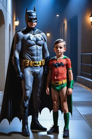 ,UHD, 8K, masterpiece, ultra realistic, realistic skin,Extremely Realistic,  photorealistic one man and a boy.man is dressed as batman,boy is dressed as robin,