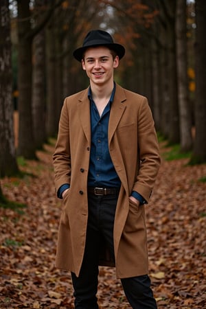 photorealistic,masterpiece high quality,full body, full face,
one young man dressed in vintage clothes, dark simple background,felix,open smile,the young man is standing in the autumn in a forest, the young man is wearing y2k clothes
