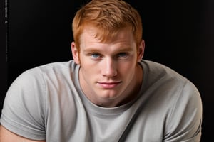 homoairotic illustration,one hairy ginger man, portait, face, man has short ginger crewcut hair, man is wearing a grey t-shirt, simple dark background, up close,