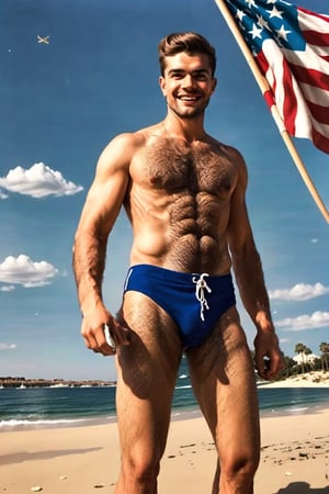 ((((((in the year of 1952)))))),masterpiece, photorealistic,high quality, (((((((in the style of american mid century illustration))))))),(((one (((hairy))) handsome muscular young man))),at the beach, man is wearing bulging swiming trunks,man grin widely,