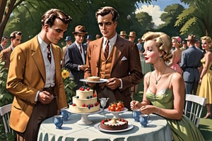 photorealistic, high quality,masterpiece ,(((in the style of alex raymond,))),in the year of 1955, a garden party,