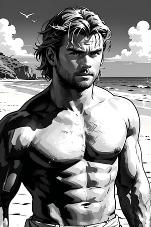 , (((ink drawing))), (((monochrome))),(((cartoon style))), high quality, 4k,masterpiece, (((in the style of alex raymond drawing ))),(((drawing comics style))),
(((high contrast))), (((line drawing))),one man on a beach, the man look like chris hemsworth,