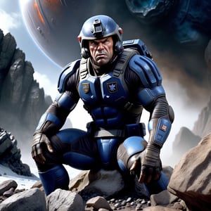 photorealistic,masterpiece,high quality,one hairy muscular man standing in a military blackblue sci-fi uniform. Short hair.photorealistic,hairy,portrait,close up,face,man is wearing a helmet. a short cigar is sitting in the corner of his mouth,man looks angry and is sneering,(((man is standig on a rocky icy alien planet))),