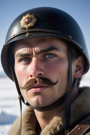 A photorealistic masterpiece! In high definition, we see a young Russian man, muscular and handsome, dressed in an ultra-realistic old army uniform from 1815. His piercing gaze ((looks at someone or something)). The camera captures his rugged features: wide jaws, wide nose, high cheekbones, and full lips. A thick, dramatic moustache adds to his commanding presence.

He stands outside in a snow-covered landscape, his eyes fixed intently on the horizon as if braving the harsh winter conditions. Frostbite has set in, with tiny ice crystals forming on his eyelashes and nose. The old army helmet, also from 1815, sits atop his crew-cut hair, adding to the sense of rugged determination.

The dramatic side lighting accentuates every contour of his face, casting long shadows across the snow. The overall atmosphere is one of stoic resilience in the face of adversity, as this Russian warrior stands firm against the elements.