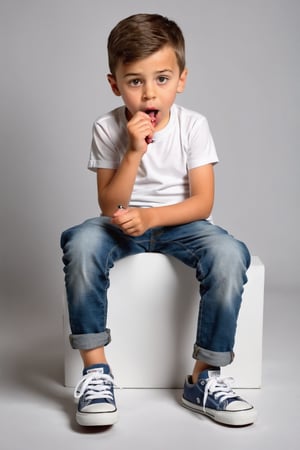 masterpiece,photorealistic,one cute  6 year old boy,full body,younger,simple background,boy is trying to tie his shoelaces and look very confused,tounge in side of mouth,