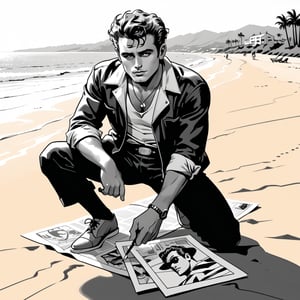 , (((ink drawing))), (((monochrome))),(((cartoon style))), high quality, 4k,masterpiece, (((in the style of alex raymond drawing ))),(((drawing comics style))),
(((high contrast))), (((line drawing))),one man on a beach, the man look like james dean,