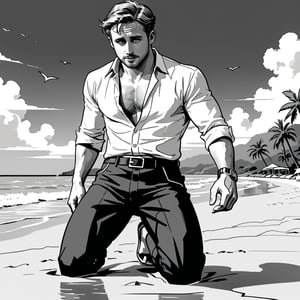 , (((ink drawing))), (((monochrome))),(((cartoon style))), high quality, 4k,masterpiece, (((in the style of alex raymond drawing ))),(((drawing comics style))),
(((high contrast))), (((line drawing))),one man on a beach, the man look like Ryan Gosling,