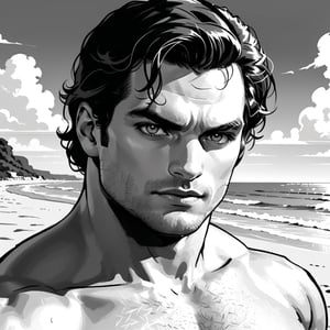 , (((ink drawing))), (((monochrome))),(((cartoon style))), high quality, 4k,masterpiece, (((in the style of alex raymond drawing ))),(((drawing comics style))),
(((high contrast))), (((line drawing))),one man on a beach, the man look like henry cavill,