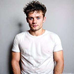 photorealistic one hairy man wearing a white t-shirt and jeans, portrait type, man smirking