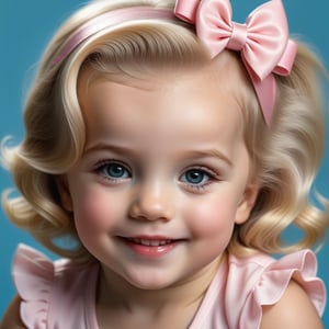 ,UHD, 8K, masterpiece, ultra realistic, realistic skin,Extremely Realistic  photorealistic, one 5 year old toddler girl, blond hair, one pink hairbow,smile,head tilted to one side,