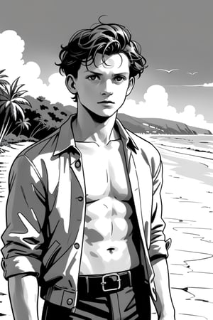 , (((ink drawing))), (((monochrome))),(((cartoon style))), high quality, 4k,masterpiece, (((in the style of alex raymond drawing ))),(((drawing comics style))),
(((high contrast))), (((line drawing))),one man on a beach, the man look like tom holland,