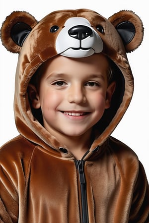 ,UHD, 8K, masterpiece, ultra realistic, realistic skin,Extremely Realistic,  photorealistic,(((one))) 8 year old boy dressed in a  a bear costume ,smile,