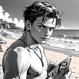 , (((ink drawing))), (((monochrome))),(((cartoon style))), high quality, 4k,masterpiece, (((in the style of alex raymond drawing ))),(((drawing comics style))),
(((high contrast))), (((line drawing))),one man on a beach, the man look like tom holland,