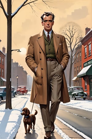 photorealistic, high quality,masterpiece ,(((in the style of alex raymond,))),magazine cover, in the year of 1955, a man walking a poodle on the street,wintertime,