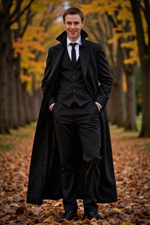 photorealistic,masterpiece high quality,full body, full face,
one young man dressed as a vampire, dark simple background,felix,open smile,the young man is standing in the autumn in a forest, 
