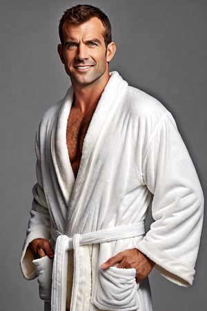 masterpiece,(((photorealistic))),high quality,One hairy man,face,man is posing for the camera,man has a big long flaccid uncut penis,simple background,man is wearing an open bathrobe,handsome