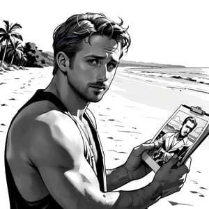 , (((ink drawing))), (((monochrome))),(((cartoon style))), high quality, 4k,masterpiece, (((in the style of alex raymond drawing ))),(((drawing comics style))),
(((high contrast))), (((line drawing))),one man on a beach, the man look like Ryan Gosling,