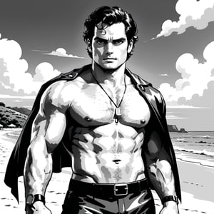 , (((ink drawing))), (((monochrome))),(((cartoon style))), high quality, 4k,masterpiece, (((in the style of alex raymond drawing ))),(((drawing comics style))),
(((high contrast))), (((line drawing))),one man on a beach, the man look like henry cavill,