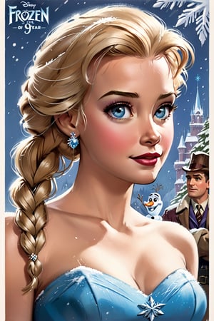 photorealistic, high quality,masterpiece ,(((in the style of alex raymond,))),movie poster, in the year of 1955,"Frozen", disney, elsa, long blond braid. olaf,