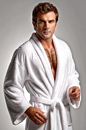 masterpiece,(((photorealistic))),high quality,One hairy man,face,man is posing for the camera,man has a big long flaccid uncut penis,simple background,man is wearing an open bathrobe,younger