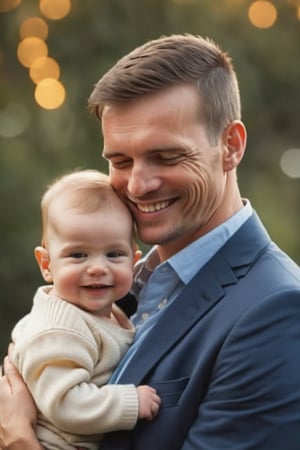 A warm, photorealistic portrait of a proud young father tenderly cradling his sweet baby boy in his arms. His handsome features radiate love and joy as he gazes adoringly at his tiny offspring. Soft, golden lighting illuminates the tender moment, casting a gentle glow on their peaceful faces. The composition is straightforward, with the father's proud smile and the baby's innocent curiosity taking center stage.
