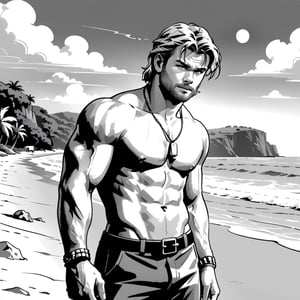 , (((ink drawing))), (((monochrome))),(((cartoon style))), high quality, 4k,masterpiece, (((in the style of alex raymond drawing ))),(((drawing comics style))),
(((high contrast))), (((line drawing))),one man on a beach, the man look like chris hemsworth,