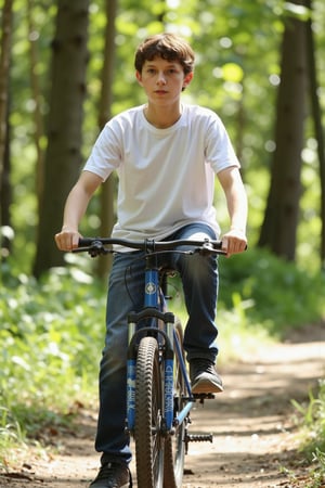 one skinny 16 year old boy,the boy is cycling in a forest, summer, sunshine,the boy is wearing jeans and a white tshirt