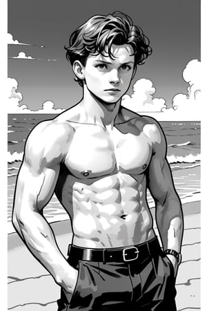 , (((ink drawing))), (((monochrome))),(((cartoon style))), high quality, 4k,masterpiece, (((in the style of alex raymond drawing ))),(((drawing comics style))),
(((high contrast))), (((line drawing))),one man on a beach, the man look like tom holland,