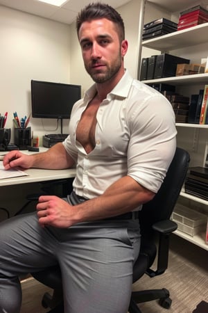 UHD, 8K, masterpiece, ultra realistic, realistic skin,Extremely Realistic  photorealistic,  
BREAK,one handsome hairy masculine blond man, the man is wearing (((very bulging))) grey pants and an open white dress shirt with rolled up sleeves,,
BREAK, the man is sitting on a office chair next to a desktable