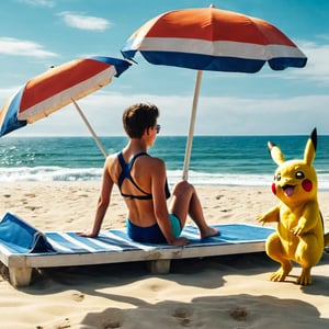 teenager, beach, swim_suit, feet_up, pokemon_anime_style,aw0k geometry