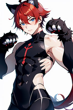 anime male, white_skin white_background boy, red_hair(head), black_furr(paws), paws