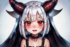 red_eyes happy collar_wearing high_quality white_hair short_person small_body horns
 full_body, Detailedface,Detailedeyes,DAGASI