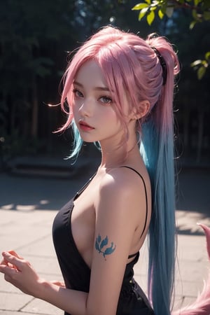 a 20 yo woman, (pink hair：1.1) | (blue hair：1.4), (((double tail hair style))), dark theme, soothing tones, muted colors, high contrast, (natural skin texture, hyperrealism, soft light, sharp)