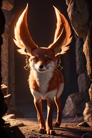 cinematic scene, a mythical fox with nine tails, eyes that sparkle like emeralds,reminiscent of Greek mythology,cinematic atmosphere,FFIXBG,YaeMikoFox