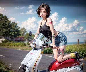 A hot cleavage girl knee on a (white retro scooter),black strapless belly short T-shirt, wearing denim shorts (yellow socks: 1.3) and black shoes, rose tattoo on left leg,  heart tattoo on arm,trendy style, pastel, romantic scene, Comic Core, Buffs and Grays, (skin details:0.6),Volumetric Lighting, Tyndall Effect, Film Grain, Sun Flares,floating dust,  (RAW photo, best quality), (realistic, photo-realistic:1.3), best quality, masterpiece, an extremely delicate and beautiful, extremely detailed, CG, unity, 8k wallpaper, Amazing, finely detail, masterpiece, best quality, extremely detailed CG unity 8k wallpaper, huge filesize, ultra-detailed, highres, extremely detailed