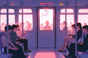 watercolor, pastel illustration, muted, soft tones,  MRT carriage, silhouettes of many people sitting and standing. The windows are visible. The overall aesthetic seems to blend dreamy, whimsical visuals with emotional depth, characteristic of modern fantasy art. dreamlike illustration style