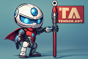 cute robot holding a flag that says "TA" and little antennae on the sides, solo, closed eyes, smile, facing viewer, 3D style, simple background, white background, robot, Monster, cyborg style, red cape, blue color, blue eyes