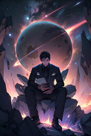 Draw a young programmer, sitting on a research platform floating in the middle of an asteroid belt. He is studying with a notebook, surrounded by several asteroids glowing with fiery auras. Dramatic lighting from distant stars and planets illuminates the scene, casting deep shadows on the suit. The young man looks confident and determined, looking at the vast and mysterious universe with wonder and respect,facial hair, cowboy shot, 