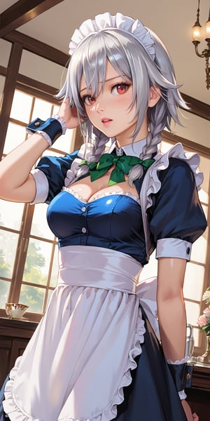 score_9, score_8_up, score_7_up, score_6_up, source_anime, BREAK,
((masterpiece, best quality)), ((realistic, photorealistic)), BREAK, 
fashion cowboy shot of 1 japanese-girl, 1girl, 18years old, izayoi sakuya, maid, BREAK, 
(silver hair:1.2), (twin braids:1.1), (Very long hair:0.66), (hair bow, hair ribbon, maid headdress:1.1), hair flaps, hair cutout, bangs, BREAK, 
(red eyes:1.1), BREAK, 
(maid:1.2), apron, detached sleeves, short sleeves, puffy sleeves, frills, lace-trim, see-through, cleavage cutout, wrist cuffs, bow, ribbon, BREAK, 
embarrassed, parted lips, blush, BREAK, 
oily skin,shiny skin,glistening skin, BREAK, 
upper body shot, dutch angle, hairdressing, adjusting hair, hair over shoulder, 