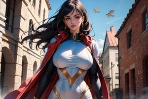 (best quality, highres:1.2), ultra-detailed, realistic, kylie Jenner, origin, wearing complete superman unifrom, 1 girl,long purple straight hair, tall, big_boobs, all body cover by uniform,solo, outdoors, looking at the viewer, fly in the sky, masterpiece, illustration,ActionFigureQuiron style