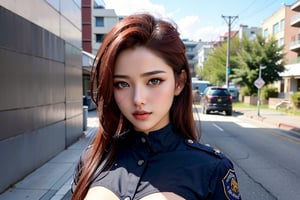 Best quality, masterpiece, ultra high res, (photorealistic:1.4), raw photo,(NSFW:1), red hair, battle worn, big gun, pretty rusian girl, delicate face, beautiful girl, hot body, hot girl, black and blue tight police uniform, long hair, floating hair, dilated pupils, eyebrows behind hair, ringed eyes, holding breath, soft smile, face paint, scars on face, big huge breasts, perfect nipple, working, Surrealism, ray tracing, reflection light, motion lines, blurry foreground, night time, perspective, panorama, Canon, Fujifilm, 8k, super detail, best quality, UHD,  photon mapping