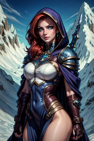 female rogue, holding_dagger smirk, cloak, leather armor, hood, flashing dagger, tattoos, piercings, sexy clothes, seductive

giant mountain background

redhead, light green eyes, glowing eyes,