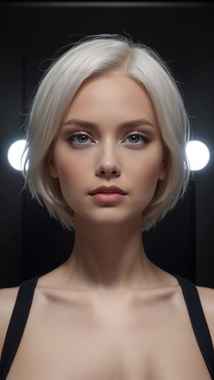 An expressive and deep portrait with symmetrical eyes. The subject is a stunningly beautiful slender girl with a naive and innocent facial expression. She has a shaggy haircut and white hair color. She is wearing a sci-fi tight-fitting jumpsuit and looks up into the camera. The background is a white sci-fi room. The image is stunning quality, ultra-high resolution, photorealistic, and 8k.