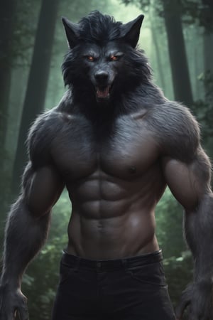 magic, forrest, handsome man, the hybrid god of werewolves, first werewolf ever born, athletic body half man half black wolf, black hair, in full growth, magical background, bright magic, mysticism, urban fantasy style, pixar, magic, hyper-realistic, ultra-detailed, 4k, --ar 2:3