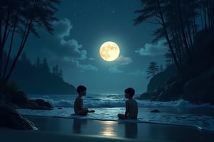 (((LITTLD KIDS))), 1BOY, 7 YEARS OLD, PLAYING AT BEACH, IN DEEP FOREST, MOON NIGHT
